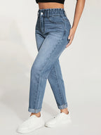 Calças Femininas de Corte Reto com Cintura Elástica e Barra Enrolada - Jeans Casual Lavado para Uso em Todas as Estações, Lavável na Máquina, Calças de Cor Sólida