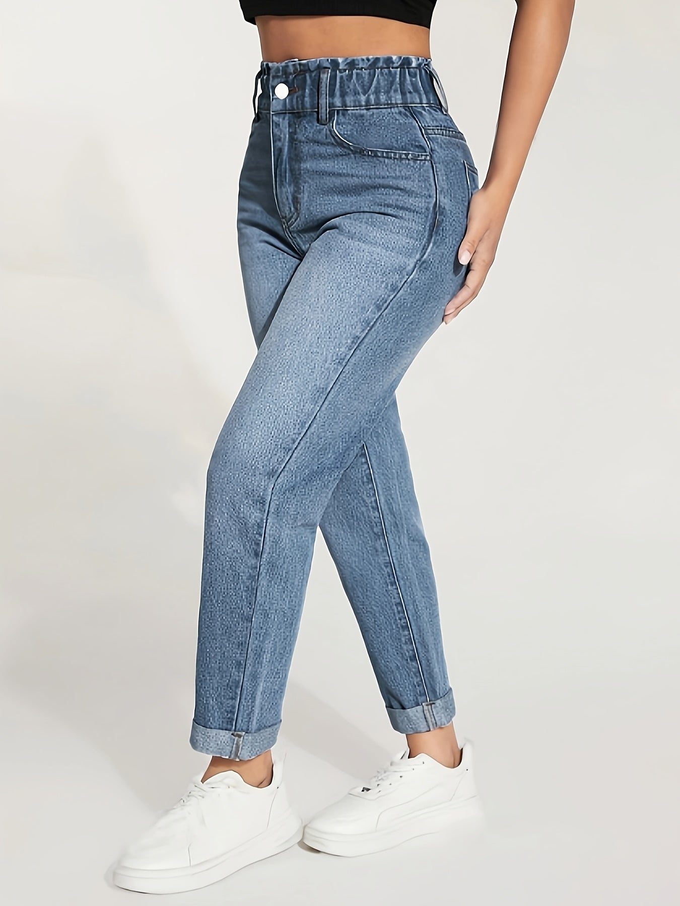 Calças Femininas de Corte Reto com Cintura Elástica e Barra Enrolada - Jeans Casual Lavado para Uso em Todas as Estações, Lavável na Máquina, Calças de Cor Sólida