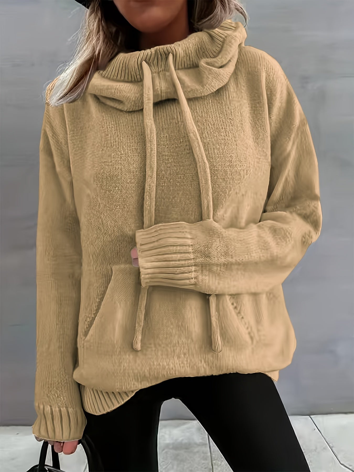 2025 Nova Outono E Inverno Mulher Casual Versátil Cor Sólida Com Cordão Bolsa Capuz Pulôver