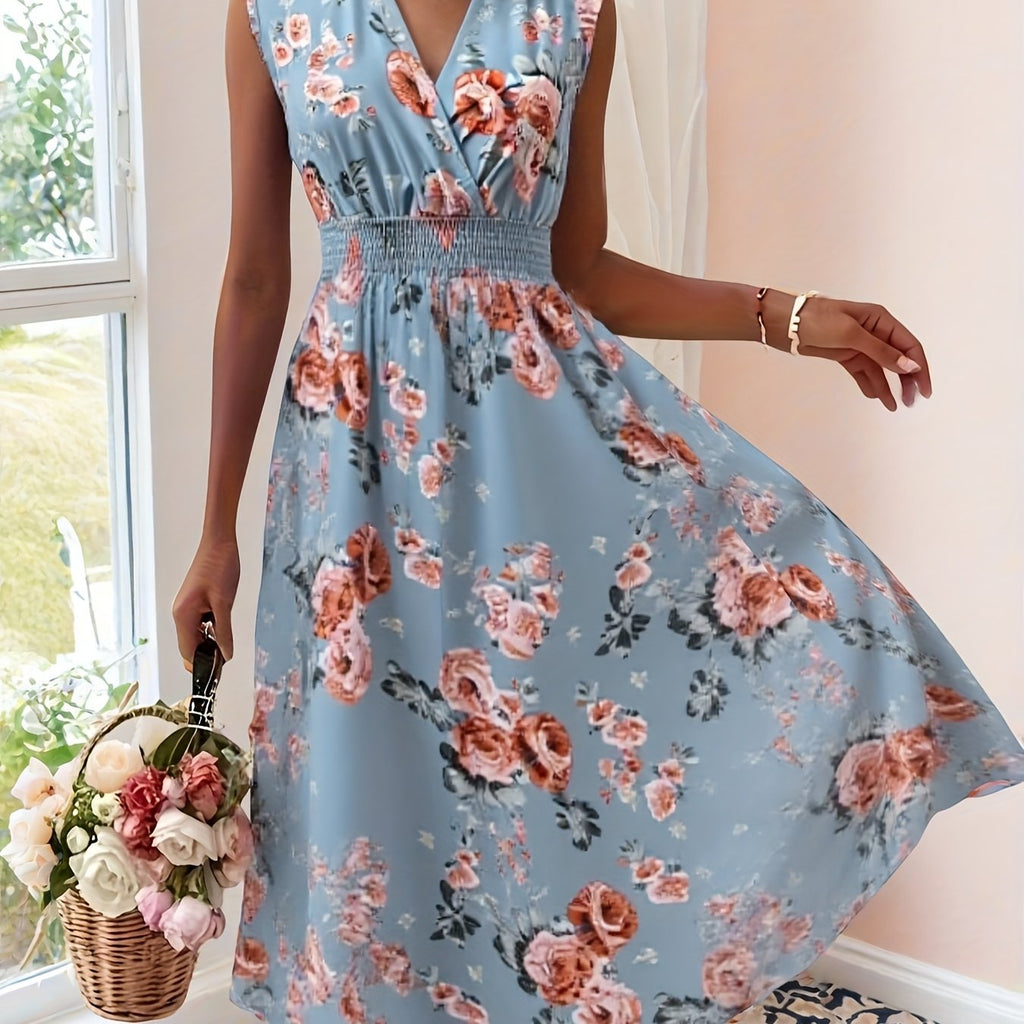 Chic V-Neck Floral A-Line Dress - Sleeveless Elegance