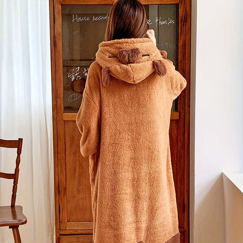 Manta com capuz de capivara em estilo preppy - Tamanho adulto, em poliéster tricotado de fleece coral, com tema de animal, vestido de noite com bolsos e punhos ajustados, lavável à máquina, sem estampado.