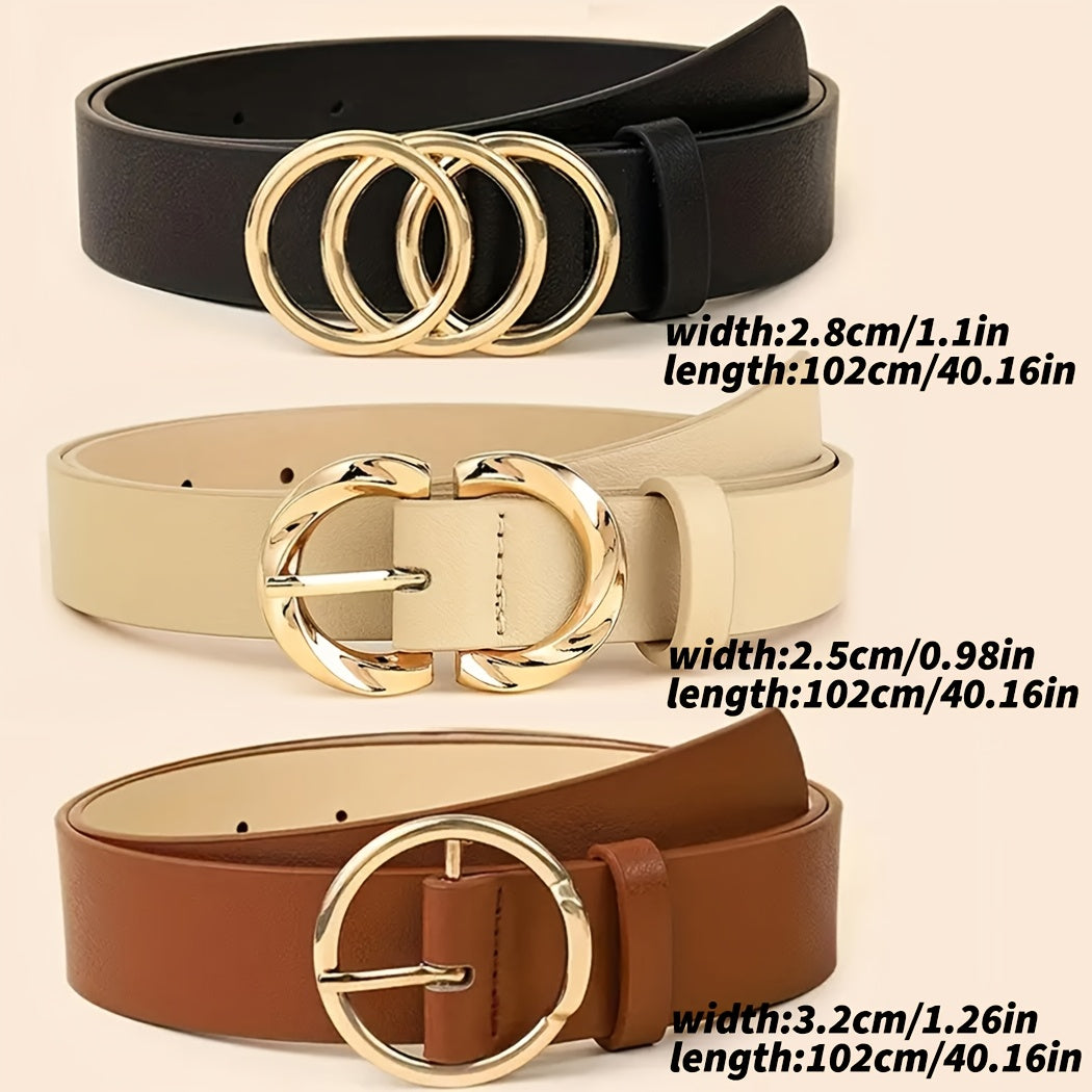 Um conjunto de três cintos minimalistas e elegantes para mulheres, cintos clássicos para jeans e vestidos, com um design que inclui três, dois e um fecho de metal, cintos de cor sólida elegantes, perfeitos para acessórios de cintura no dia a dia.