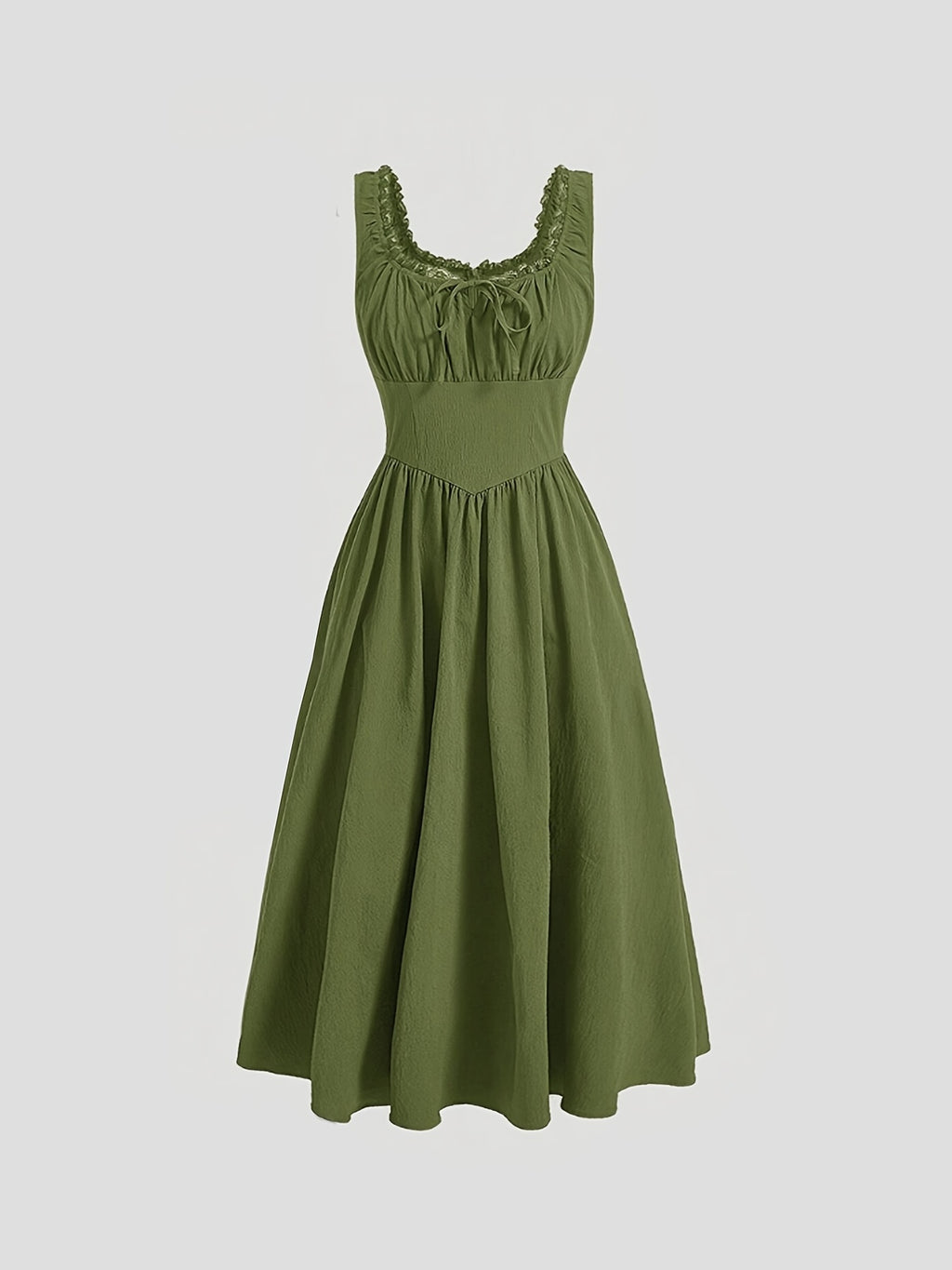 Vestido Feminino Elegante Verde Oliva com Detalhes em Renda e Decote Quadrado - Cintura Ajustada, Vestido de Cor Sólida para Primavera Verão Outono, Lavável à Máquina, Modelo Justo, Moda Estacional, Traje Formal, Tecido Macio