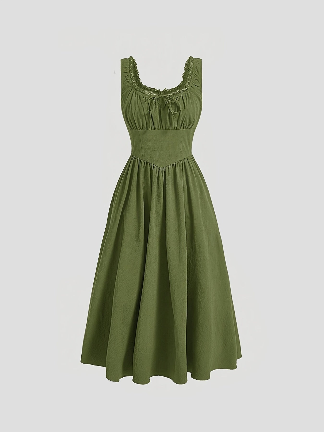 Vestido Feminino Elegante Verde Oliva com Detalhes em Renda e Decote Quadrado - Cintura Ajustada, Vestido de Cor Sólida para Primavera Verão Outono, Lavável à Máquina, Modelo Justo, Moda Estacional, Traje Formal, Tecido Macio