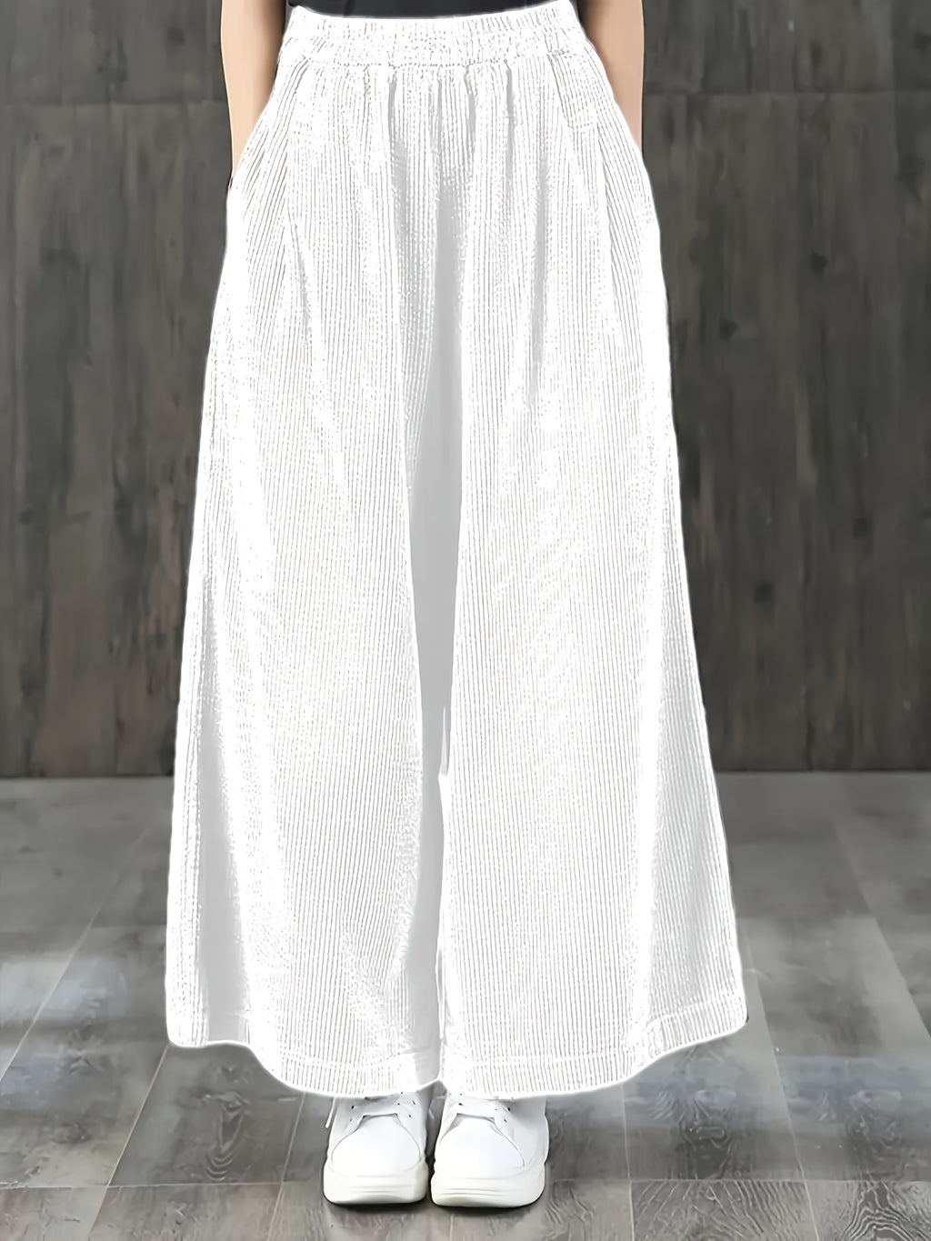 Calças de Bombazine de Perna Larga para Mulher - Calças Casuais de Cintura Elástica com Bolsos, Calças Compridas de Corte Solto para Looks Diários e Formais - Calças Confortáveis para Mulher em Todas as Estações