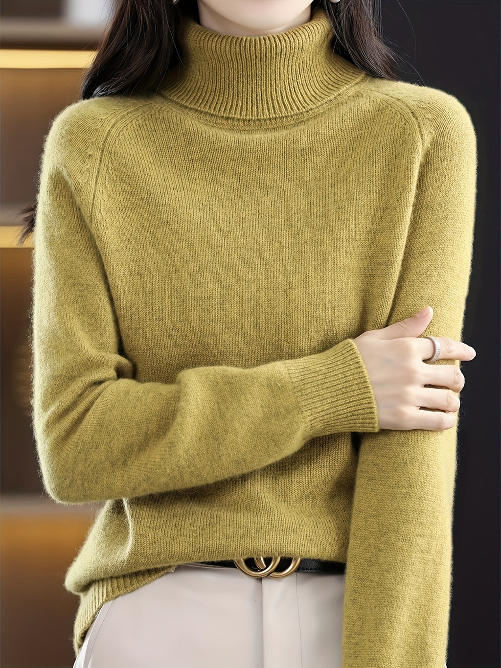 Camisola de Gola Alta Elegante para Mulher - Top de Manga Comprida Macio e Quente, Essencial para Usar em Camadas em Todas as Estações, Ideal para Looks Casuais e Formais