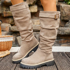 Botins de Salto Alto Grossos para Mulher - Botas de Inverno Slip-On com Sola Grossa em TPU, / Castanho Vermelho/ - Palmilha Acolchoada e Sola de Borracha Antiderrapante, Botas para Mulher, Botas de Outono para Mulher, Botas para Mulheres Plus Size, Roupa Casual, Escritório