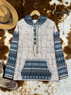 Moletom Feminino Estilo Bohemian Ocidental com Capuz - Blusa Casual de Botões Retro, Cinza e Azul para Todas as Estações, Lavável na Máquina, Conforto Diário, Tecido Texturizado, Chic Rústico