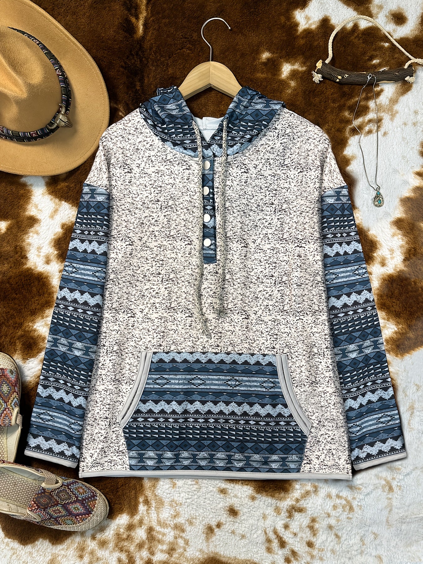 Moletom Feminino Estilo Bohemian Ocidental com Capuz - Blusa Casual de Botões Retro, Cinza e Azul para Todas as Estações, Lavável na Máquina, Conforto Diário, Tecido Texturizado, Chic Rústico