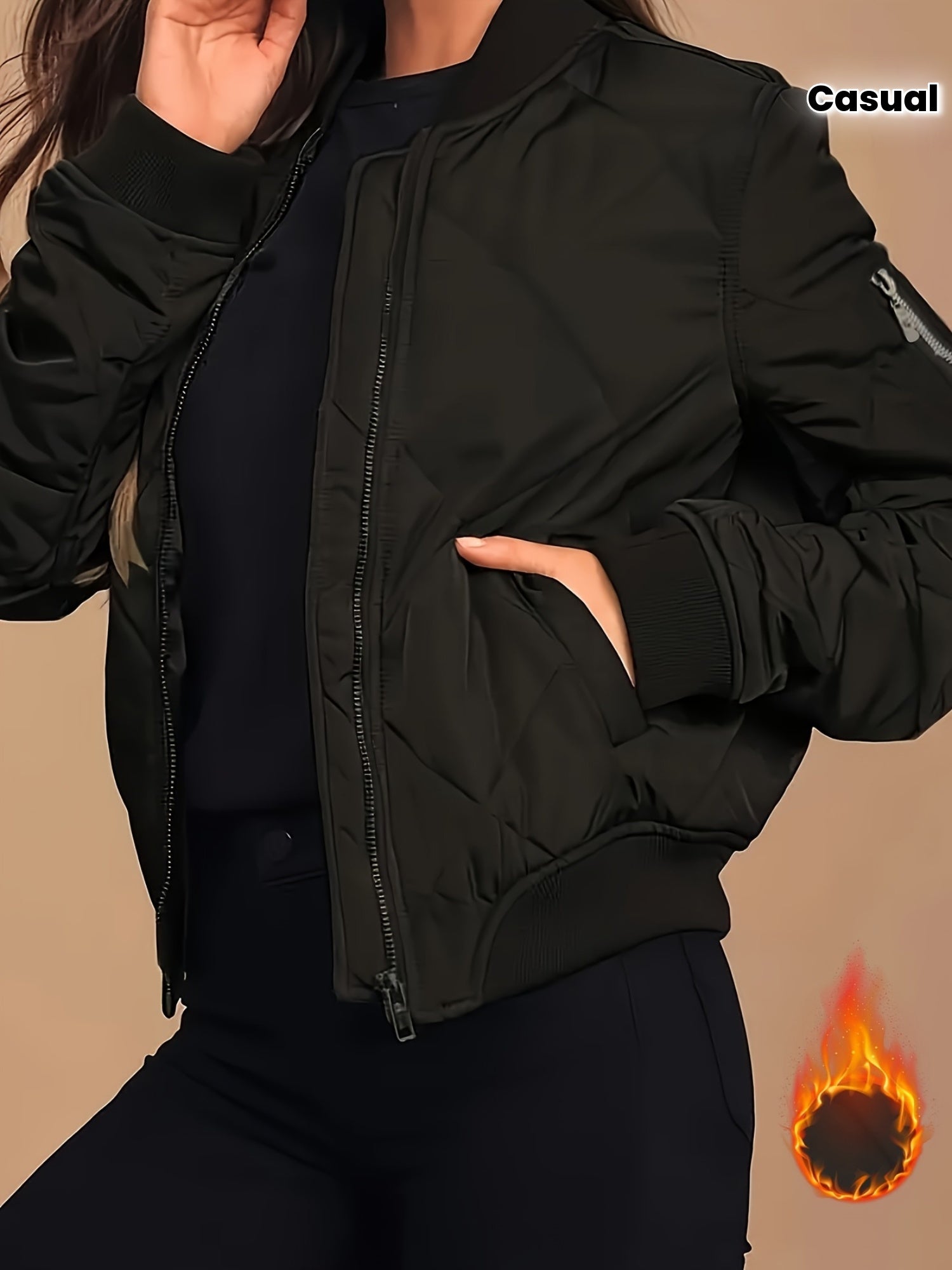 Casaco acolchoado com fecho, casaco térmico casual de manga comprida com bolsos para outono e inverno, roupa de mulher