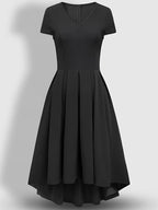 Sophisticated V-Neck Short Sleeve Dress - Solid Black