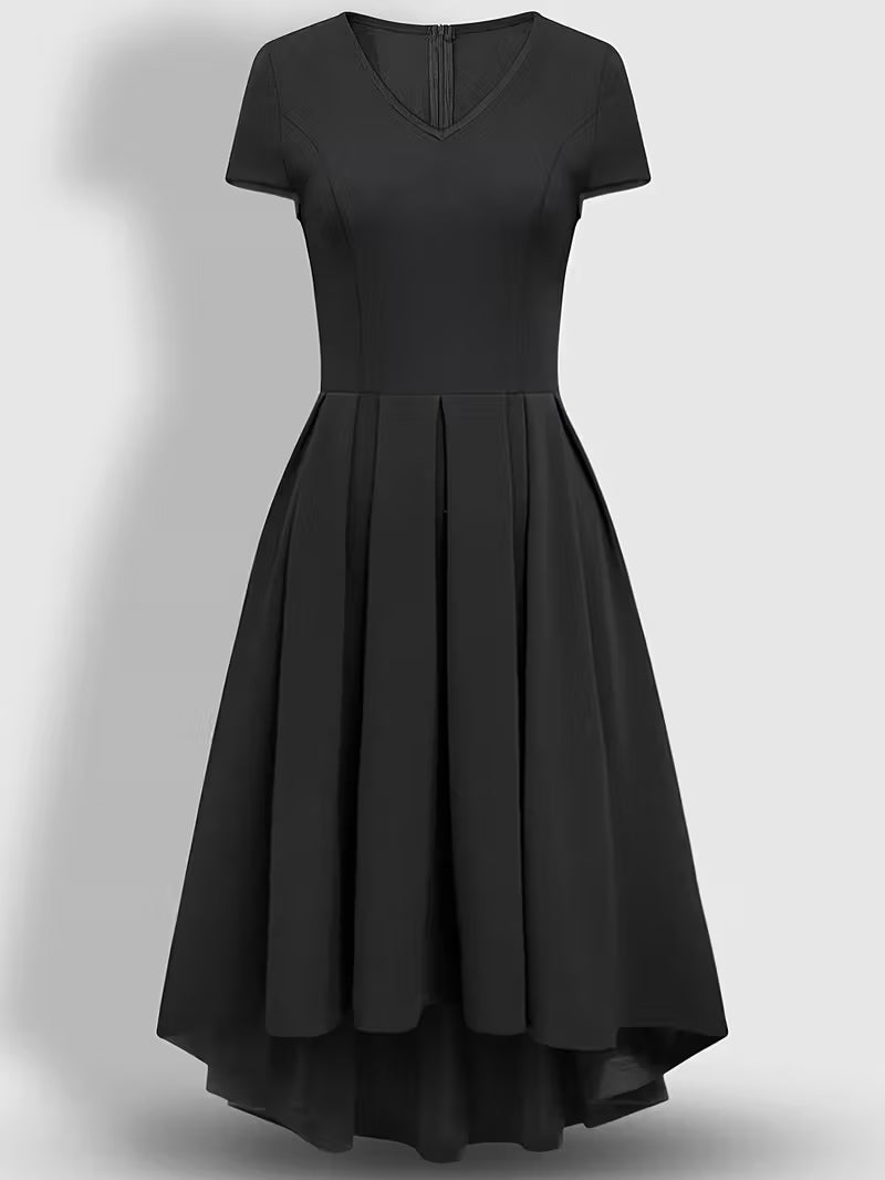 Sophisticated V-Neck Short Sleeve Dress - Solid Black