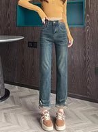 Calças de ganga de cintura alta para mulheres - Ajuste slim, perna reta, comprimento recortado, fecho de correr, calças de fim de semana casuais, uso casual | Calças de ganga bordadas | Botões decorativos, calças de cintura alta