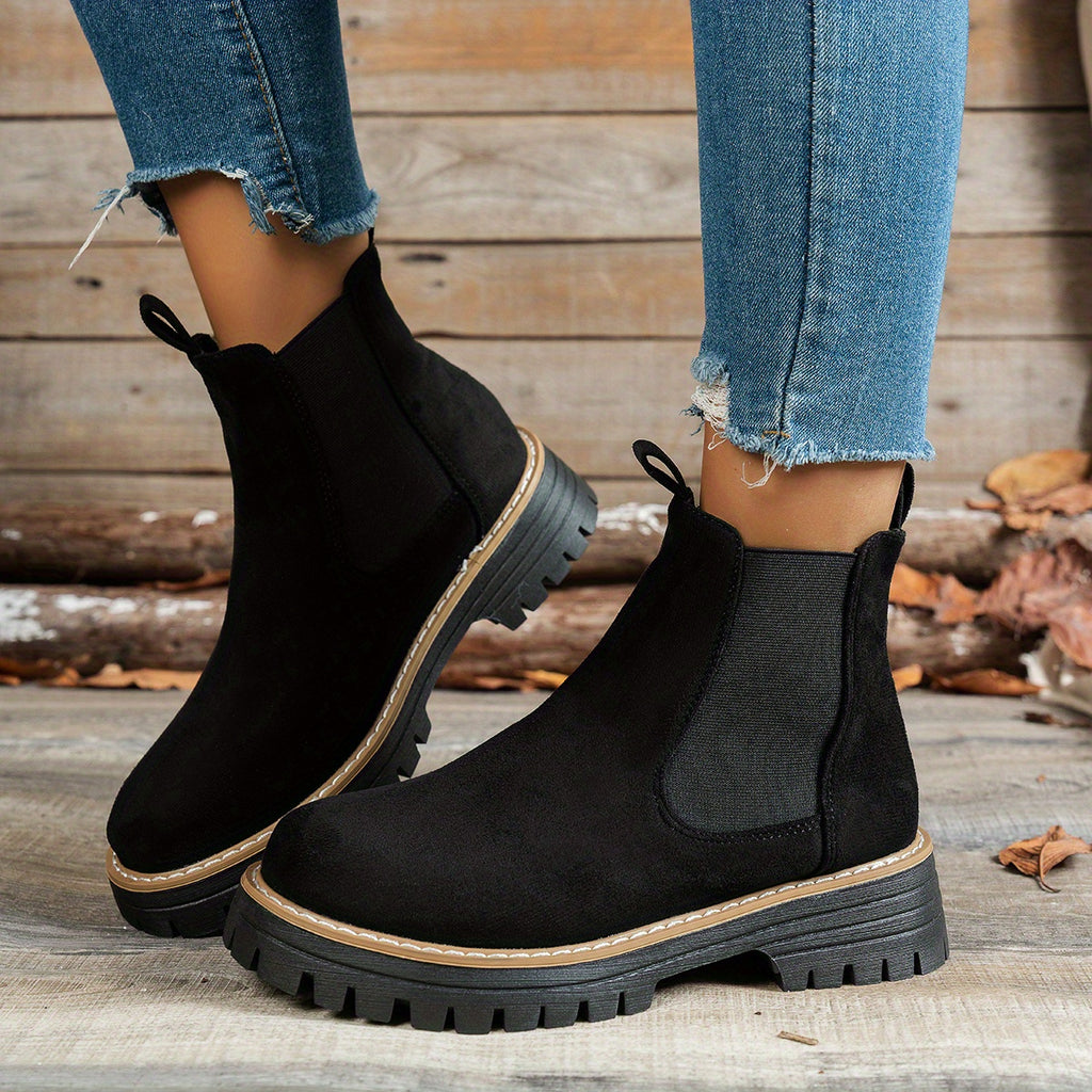 Botins de Salto Alto com Plataforma Grossa para Mulher com Salto de Plataforma Espessa - Sola Antiderrapante, Biqueira Redonda e Forro, Botas Casuais para Todas as Estações em Castanho, Versátil para Jeans e Vestidos, Botas Grossas, Botas Elegantes, Moda Mulher