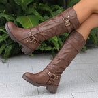 Botas de cavaleiro para mulheres - Botas de cano alto com plataforma grossa, cobertura de imitação para todas as estações, botas de cowboy para uso diário e formal - Tamanhos estendidos disponíveis - Sola de borracha antiderrapante fácil de limpar - Calçado de moda europeu/americanas, botas de cowgirl, calçado versátil, design de bique redondo, construção durável, uso casual, forro confortável, uso de escritório, calçado elegante, lavável à mão, escolha de botas fabulosas, bique, calçado acess