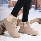 Botas de inverno para mulheres com cano médio, forro de lã espessa e parte superior de PU respirável - Botas de neve com biqueira redonda para clima frio, looks casuais e desportivos, botas de inverno, calçado para exterior, calçado moderno, construção durável
