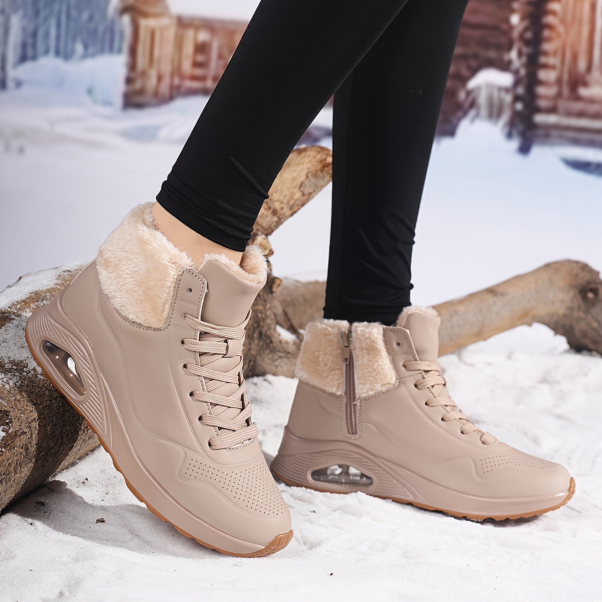 Botas de inverno para mulheres com cano médio, forro de lã espessa e parte superior de PU respirável - Botas de neve com biqueira redonda para clima frio, looks casuais e desportivos, botas de inverno, calçado para exterior, calçado moderno, construção durável