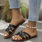 Sandálias Chinelas Femininas Chiques - Abertas Casualmente, Falso Cobertura com Tiras de Fivela Douradas, Sola de Borracha Confortável - Calçado Versátil para Todas as Estações