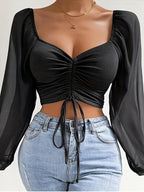 Top Curto Com Cordão E Decote Em Coração, Blusa Casual Ilusão Com Manga Lanterna Para Primavera E Outono, Roupas Femininas