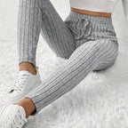 High-Waist Ribbed Skinny Leggings with Faux Drawstring