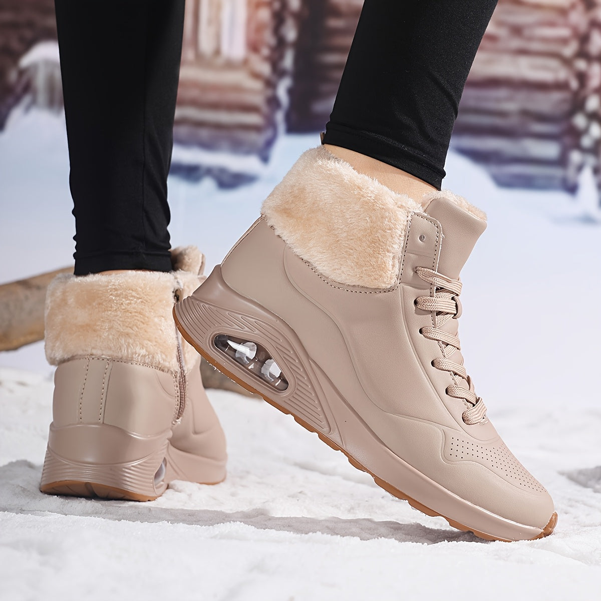 Botas de inverno para mulheres com cano médio, forro de lã espessa e parte superior de PU respirável - Botas de neve com biqueira redonda para clima frio, looks casuais e desportivos, botas de inverno, calçado para exterior, calçado moderno, construção durável
