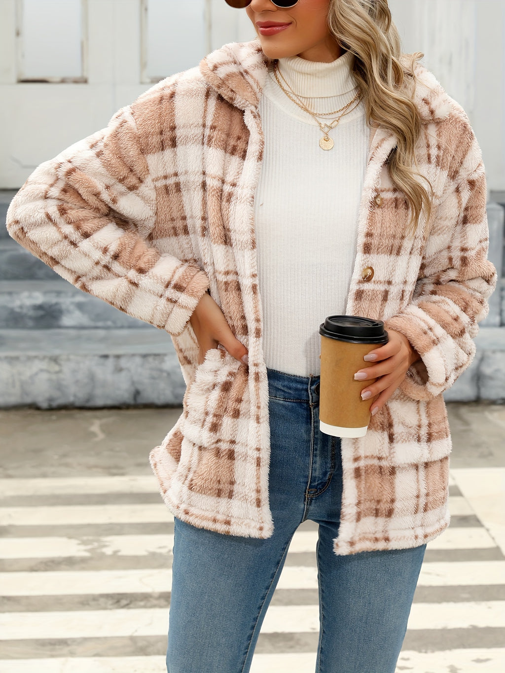 Casaco Teddy com Estampa Xadrez e Bolsos Remendados, Sobretudo de Inverno com Mangas Longas e Fechamento Único, Roupas Femininas