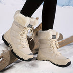 Botas de Inverno para Mulheres - Botas de Cano Médio com Forro de Lã Bege Claro, Acabamento de Pelúcia Faux Fur, Sola Grossa de TPR e Design de Atacadores para Esportes ao Ar Livre, Uso Casual - Presente Aconchegante para Mulheres, Botas de Inverno, Calçado para Atividades ao Ar Livre, Calçado de Inverno Elegante, Calçado de Inverno Durável