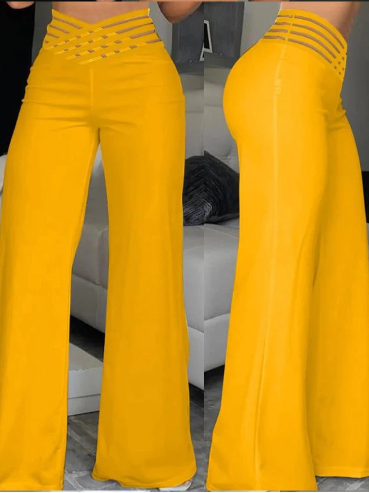 Calça de perna larga feminina, malha simples cruzada casual, calça de cintura alta, streetwear elegante, trabalho, nova, Y2k, 2024