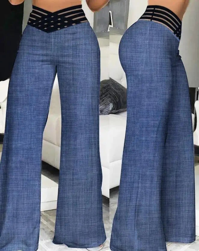 Calça de perna larga feminina, malha simples cruzada casual, calça de cintura alta, streetwear elegante, trabalho, nova, Y2k, 2024