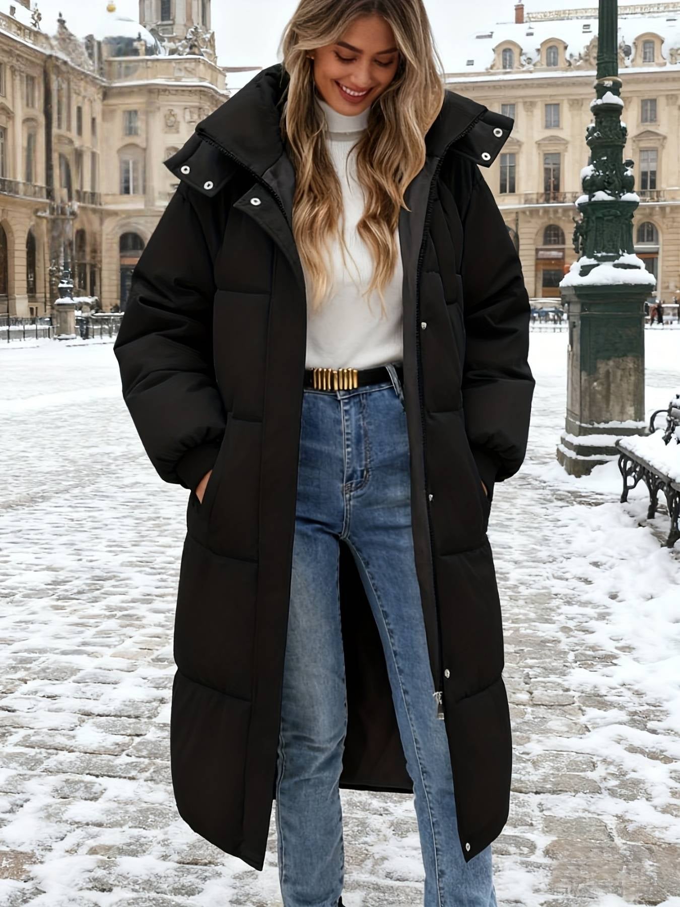Long Padded Winter Coat with Hood — Waterproof & Warm