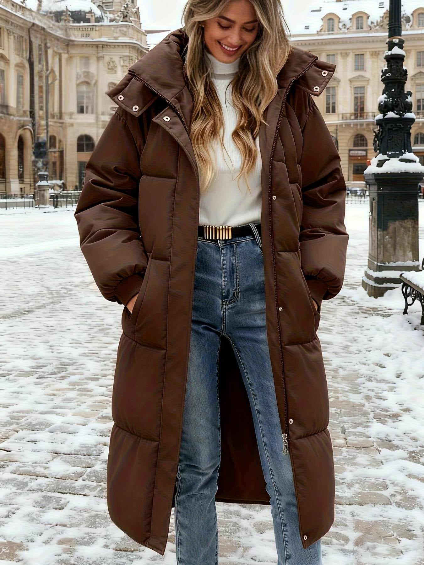 Long Padded Winter Coat with Hood — Waterproof & Warm