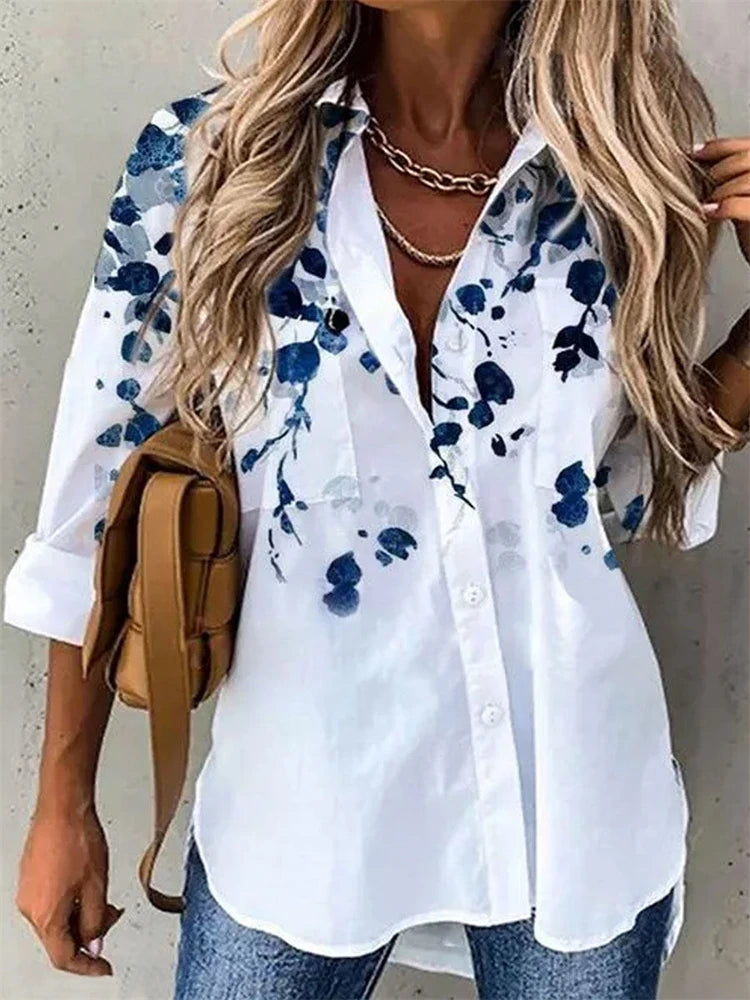 Elegant Loose Fit Women's Printed Long Sleeve Shirt
