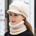 New Women Winter Hat Keep Warm Cap Add Fur Lined Hat & Scarf Warm Set Fashion Hat For Women Casual Faux Fur Flower Knitted Hat