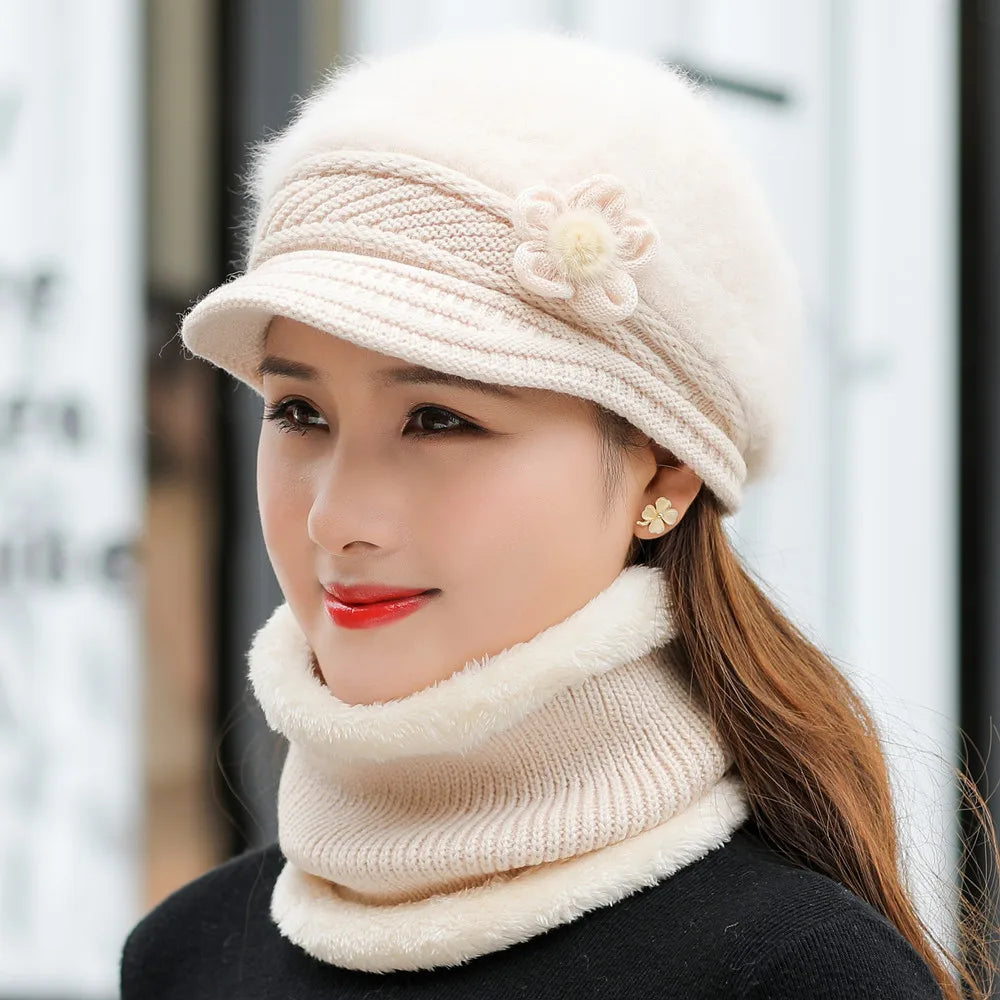 New Women Winter Hat Keep Warm Cap Add Fur Lined Hat & Scarf Warm Set Fashion Hat For Women Casual Faux Fur Flower Knitted Hat