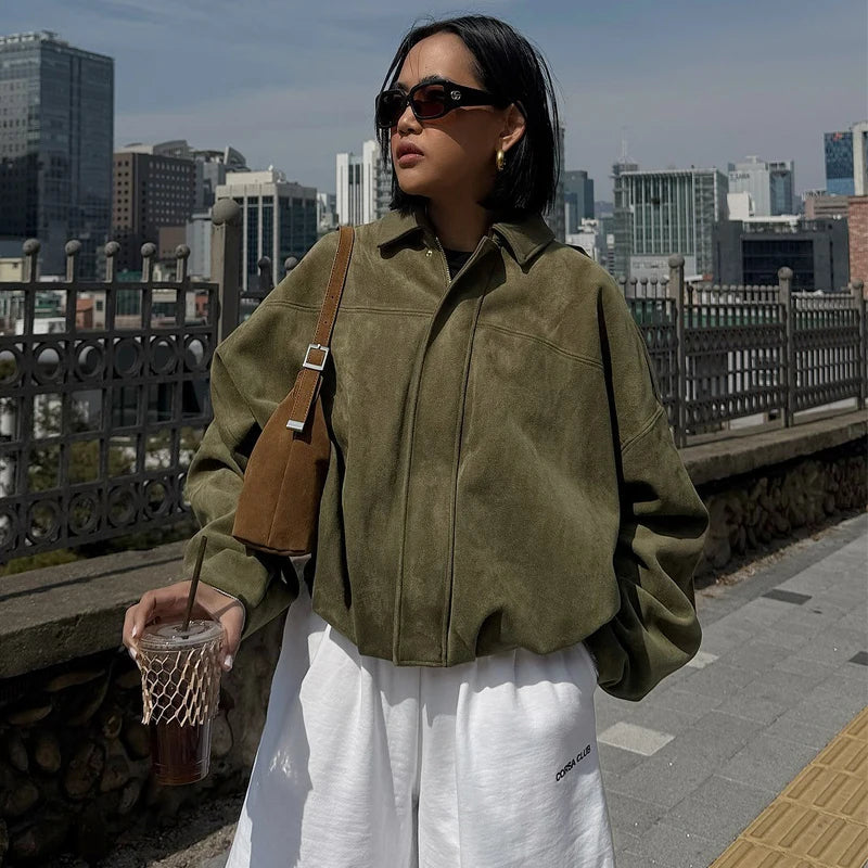Hxao jaqueta bomber feminina lapela manga longa com zíper jaqueta de camurça feminina 2025 high street recortada jaquetas de corrida casacos outerwears