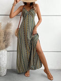 Vestido feminino de verão com estampa étnica, costas nuas, divisão na coxa, roupas de verão, boho, moda, babado, vestido longo para praia