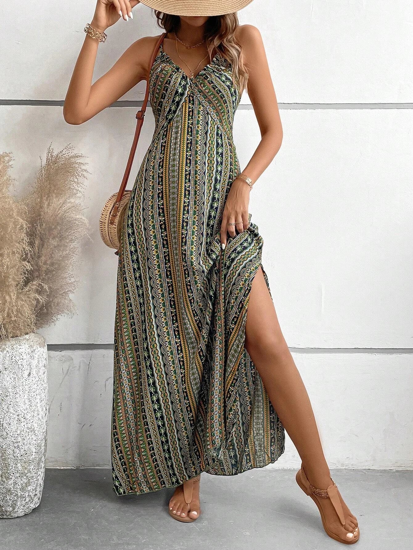 Vestido feminino de verão com estampa étnica, costas nuas, divisão na coxa, roupas de verão, boho, moda, babado, vestido longo para praia
