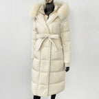 Down Jacket Women Winter Real Natural Fox Fur Hooded Detachable Collar Belt White Goose Down Coat Long Casual Elegant Overwears