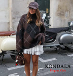 KONDALA Rhombic Knitted Pullover Sweater Women's Fall Winter Vintage Casual Loose Sweater 2025 Fashion Elegant Ladies Sweater