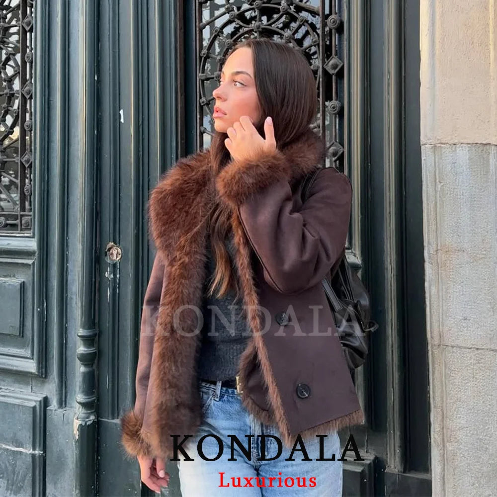 KONDALA Casual Chic Chocolate Brown Leather Fur Coat Women Double Wear Buttons Pockets Jacket Fashion 2025 Autumn Winter Outwear