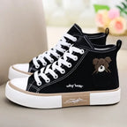Canvas Women's Versatile Cute Bear Shoes High Top Pocket Design Niche Design 2023 New Autumn Stylish Flat Heel Rubber Sole Shoes