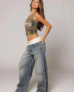 Y2K Hip-hop Stitching Fashion Joker Retro Jeans Female Korean Casual Simple Dress Essential Wide-leg Pants Loose  Joker Overalls