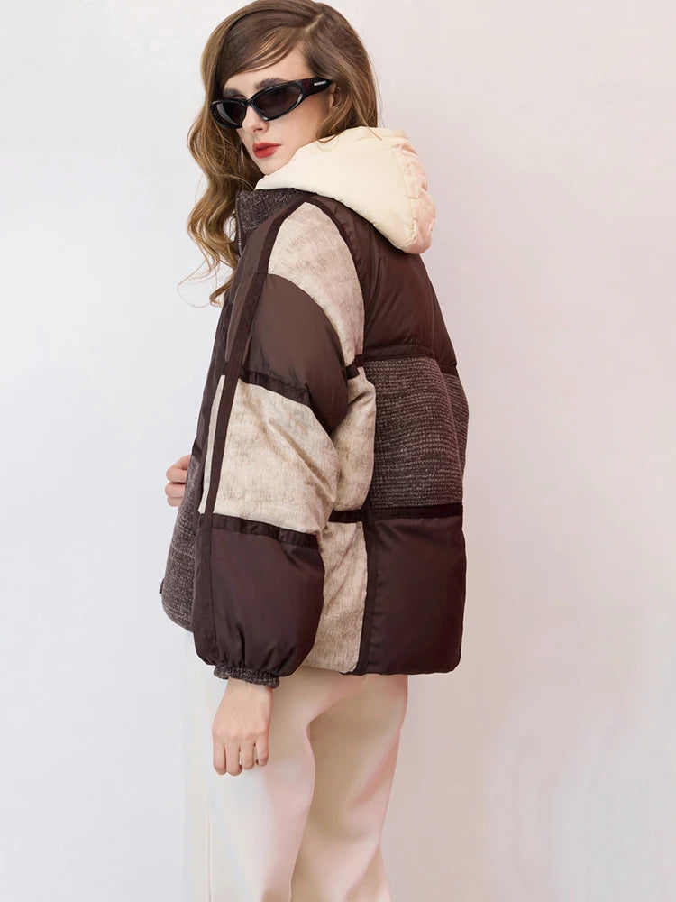 Mulheres oversized cor bloco puffer jaqueta zip up inverno quente para baixo casaco marrom bege retalhos solto ajuste leve outerwear