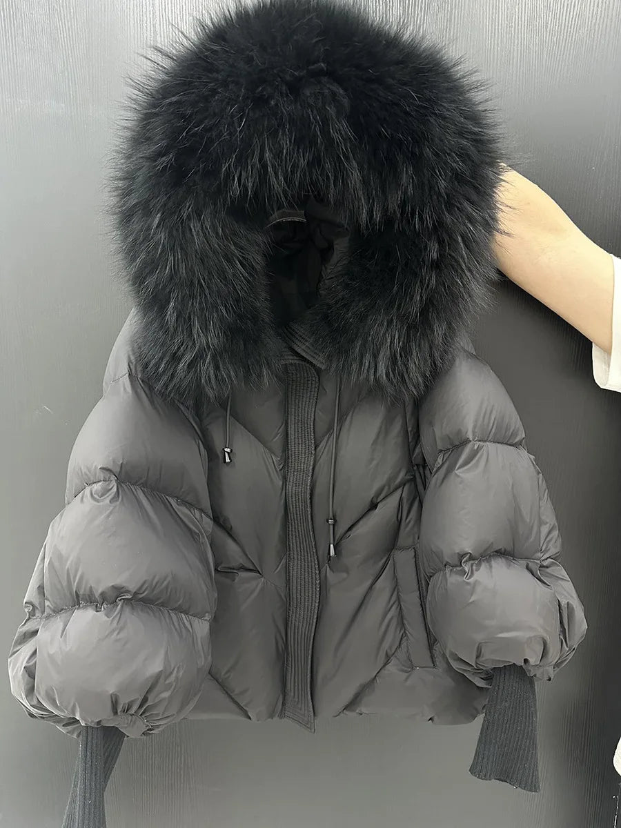 Winter Natural Large Fur Collar Hooded Down Jacket Female Lantern Sleeve Warm Quilted Jacket Women Short White Duck Down Outwear