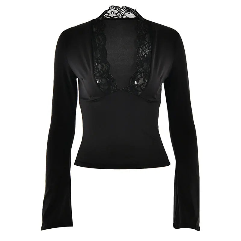 Fashion New T-shirt Women Spring Streetwear Long Sleeves Casual Slim Tees Black Sexy Lace Deep V-neck Elegant Lady Tees Clothing
