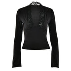 Fashion New T-shirt Women Spring Streetwear Long Sleeves Casual Slim Tees Black Sexy Lace Deep V-neck Elegant Lady Tees Clothing