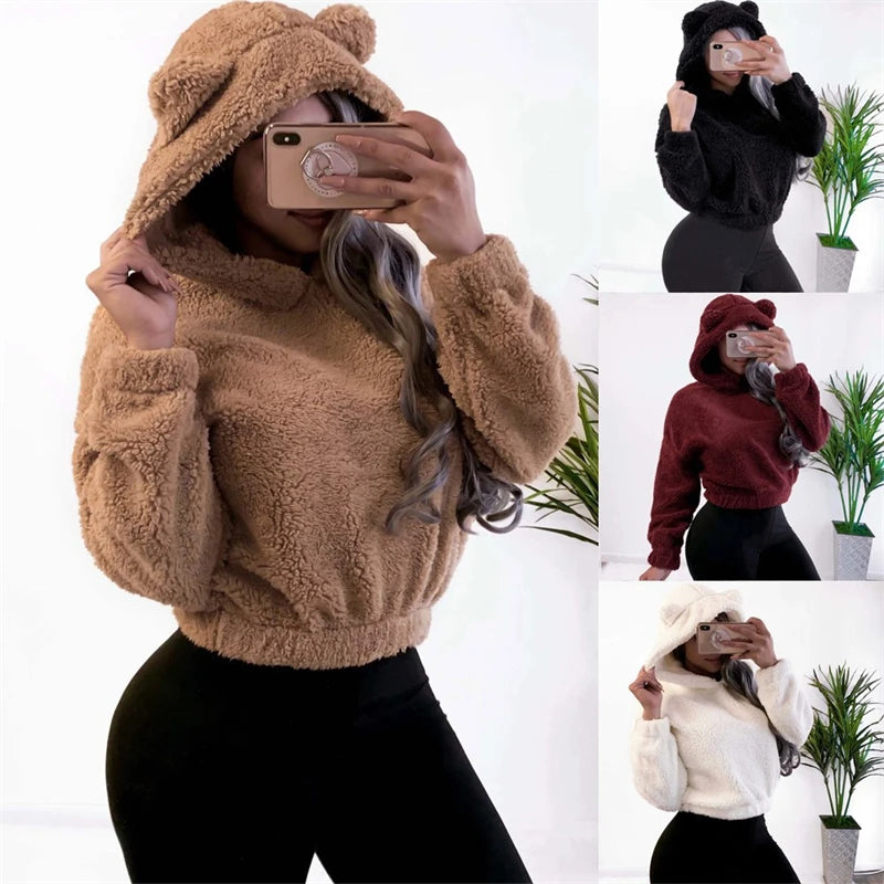 Inverno coreano moda orelhas de urso bonito solto hoodie fofo com capuz quente moletom manga longa topo sólido pulôver roupas para mulher
