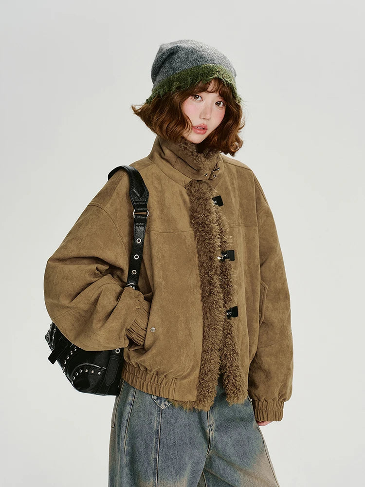 Jaqueta de camurça falsa shearling vintage para mulheres inverno grosso casaco quente retro cordeiro velo guarnição outerwear casual streetwear