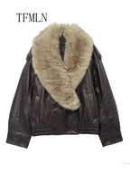 TFMLN 2025 Winter Women Loose Faux Leather Jacket Fashion Removed Big Fur Collar Causal Coat High Street Double Breasted Outwear