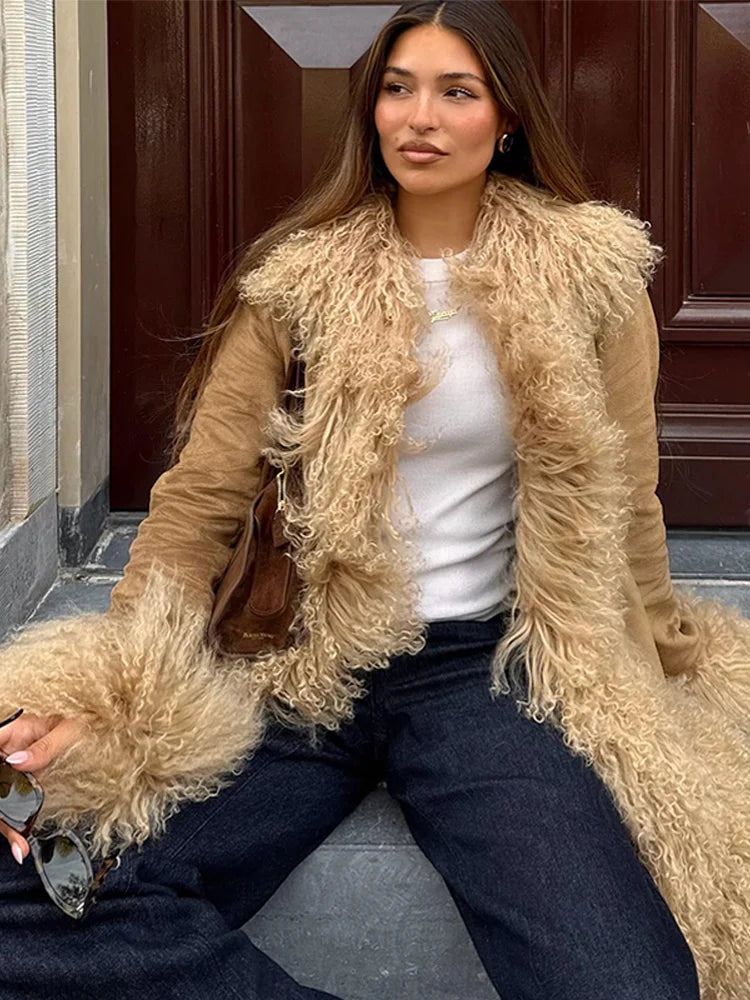 Chic Faux Fur Patchwork Woolen Women's Coat Lapel Full Sleeve Solid Long Coats 2025 Autumn Winter Fashion Female New Outerwears